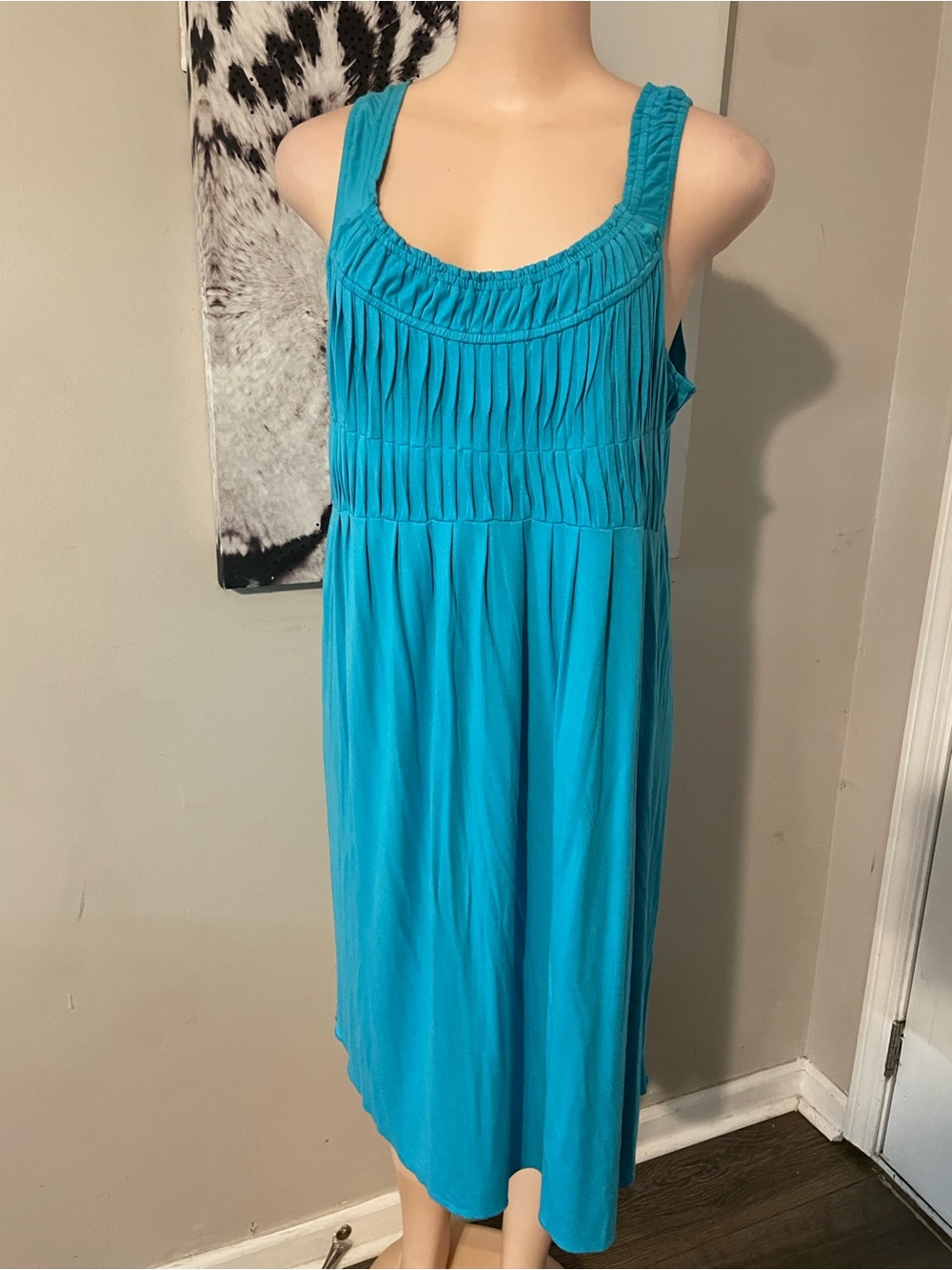 Vibrant Teal blue Women’s ruched neck bodice Pleated Tank Dress  quality L